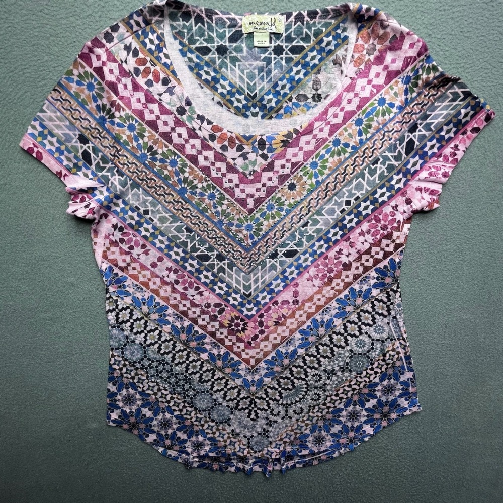 One World Women Shirt Polyester Geometric Mosaic S Boho Rhinestone Short Sleeve‎